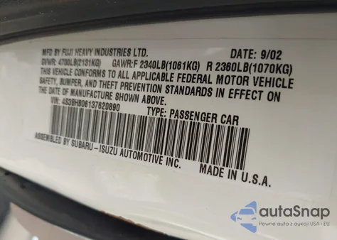 2003 Subaru Outback H6-3.0 L.l. Bean Edition z USA, uszkodzony, nr VIN 4S3BH806137620890